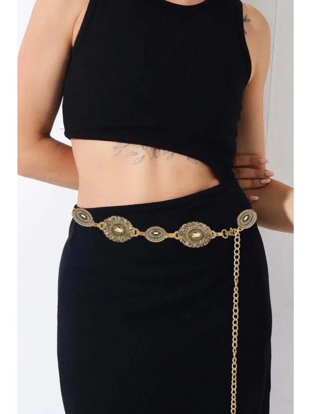 Women's Black Golden Metal Belt Concho Belt Cowgirl Boho Vintage Chain Belt